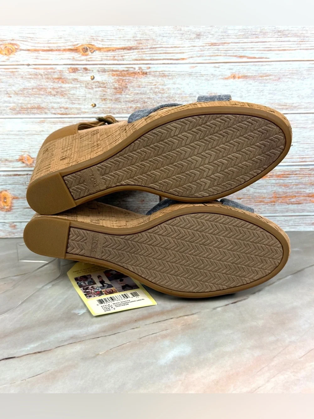 NEW TOMS Sienna Wedge Sandals Chambray Blue and Tan Cork Wedge Platform
